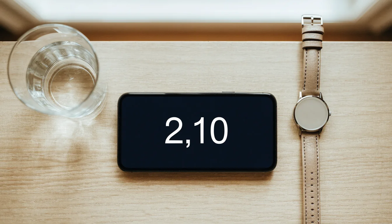 Ein Smartphone liegt mit dem Display nach unten auf einem Küchentisch, daneben stehen ein Glas Wasser und eine Armbanduhr.