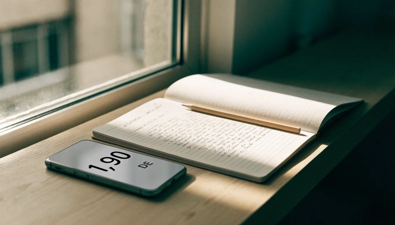 Ein Notizbuch mit handschriftlichen Notizen und ein Bleistift liegen auf einem Schreibtisch am Fenster, draußen fällt Morgenlicht herein.