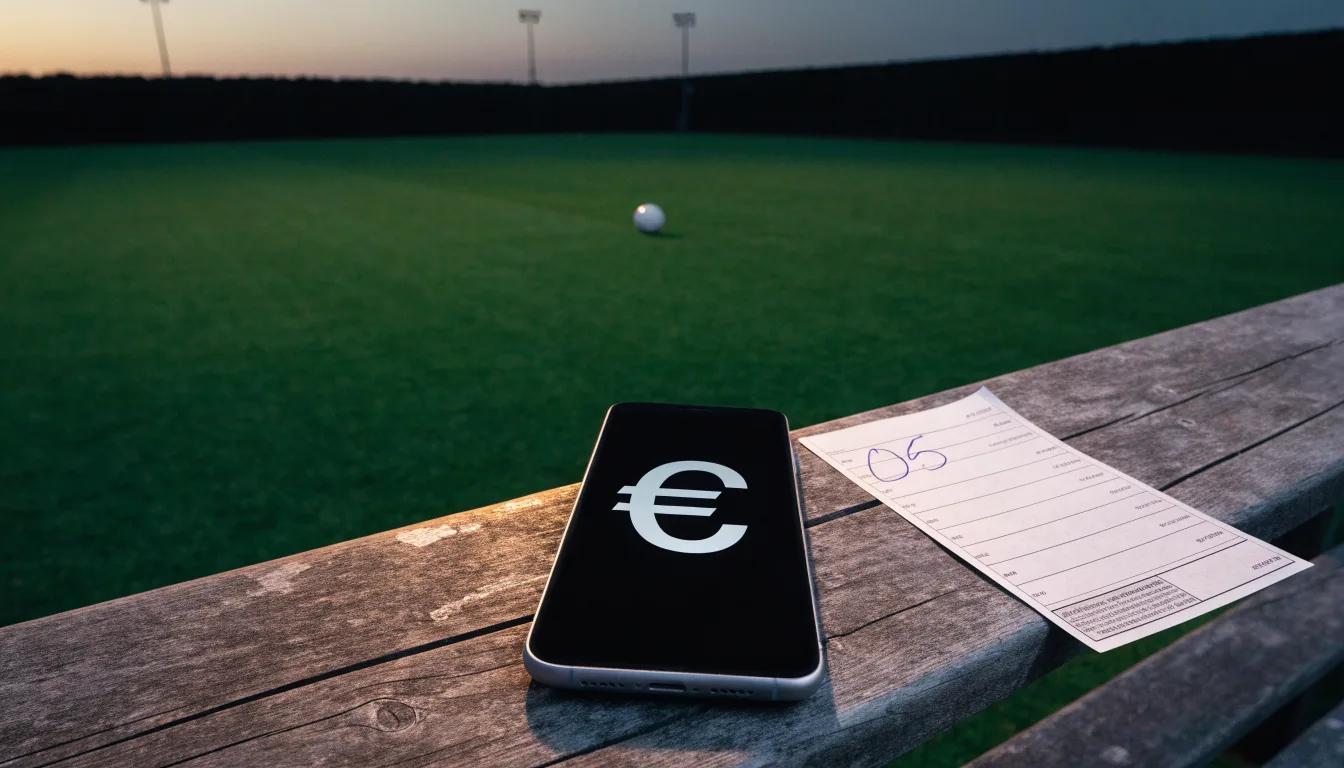 Eine leere Parkbank am Rand eines Fußballfelds in der Abenddämmerung, im Hintergrund ragen dunkle Flutlichtmasten in den Himmel.