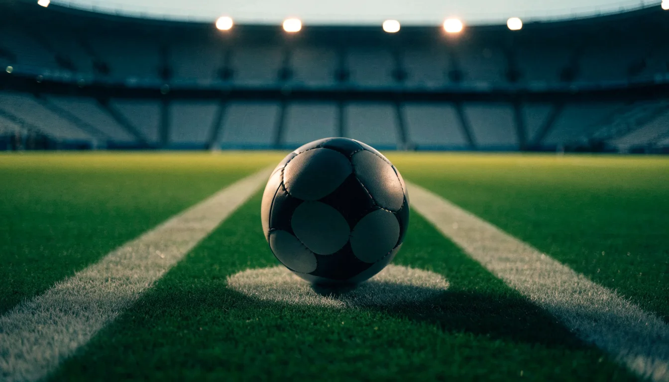 Ein Fußball liegt auf dem Anstoßpunkt eines leeren Rasenplatzes, im Hintergrund steht ein Stadion unter Flutlicht in der Dämmerung.