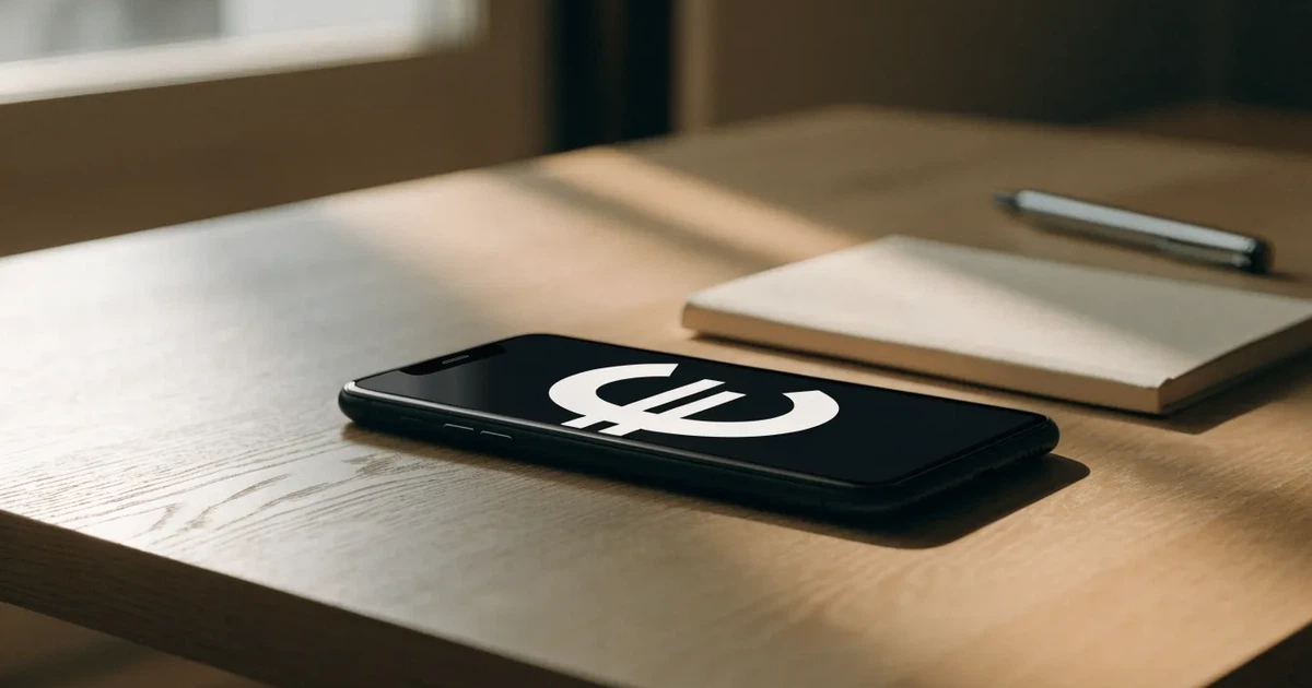 Ein Smartphone liegt neben einem Notizbuch und einem Kugelschreiber auf einem hellen Schreibtisch, das Display ist ausgeschaltet.