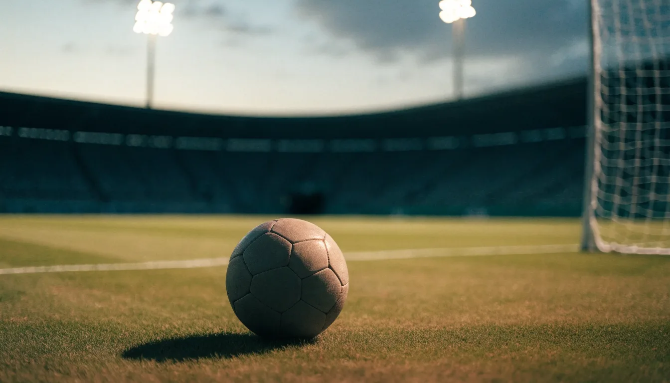 Ein Fußball liegt auf dem Rasen eines leeren Platzes, im Hintergrund ein Stadion unter Flutlicht in der Abenddämmerung.
