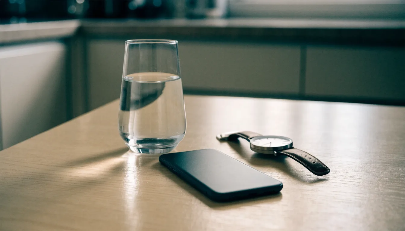 Ein Smartphone liegt mit dem Display nach unten auf einem Küchentisch, daneben stehen ein Glas Wasser und eine Armbanduhr.