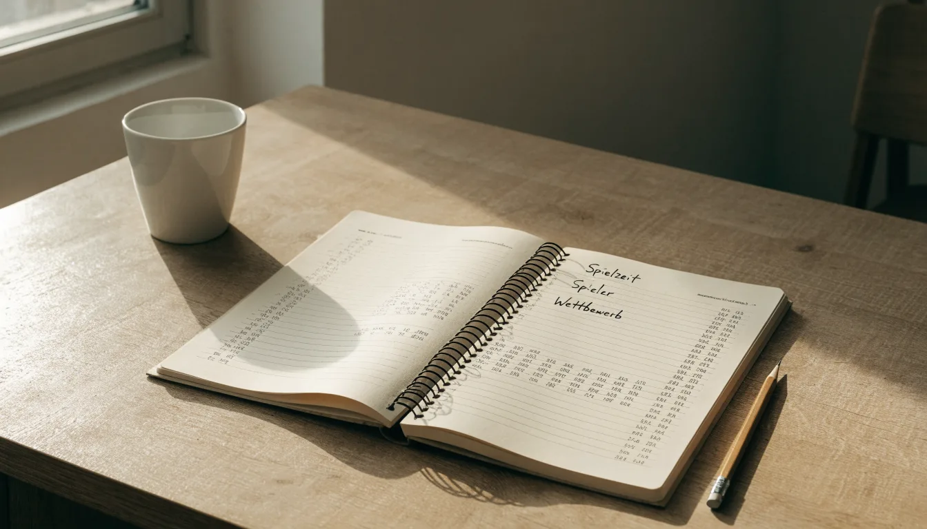 Ein Notizbuch mit handschriftlichen Notizen und ein Bleistift liegen auf einem Schreibtisch am Fenster, draußen fällt Morgenlicht herein.