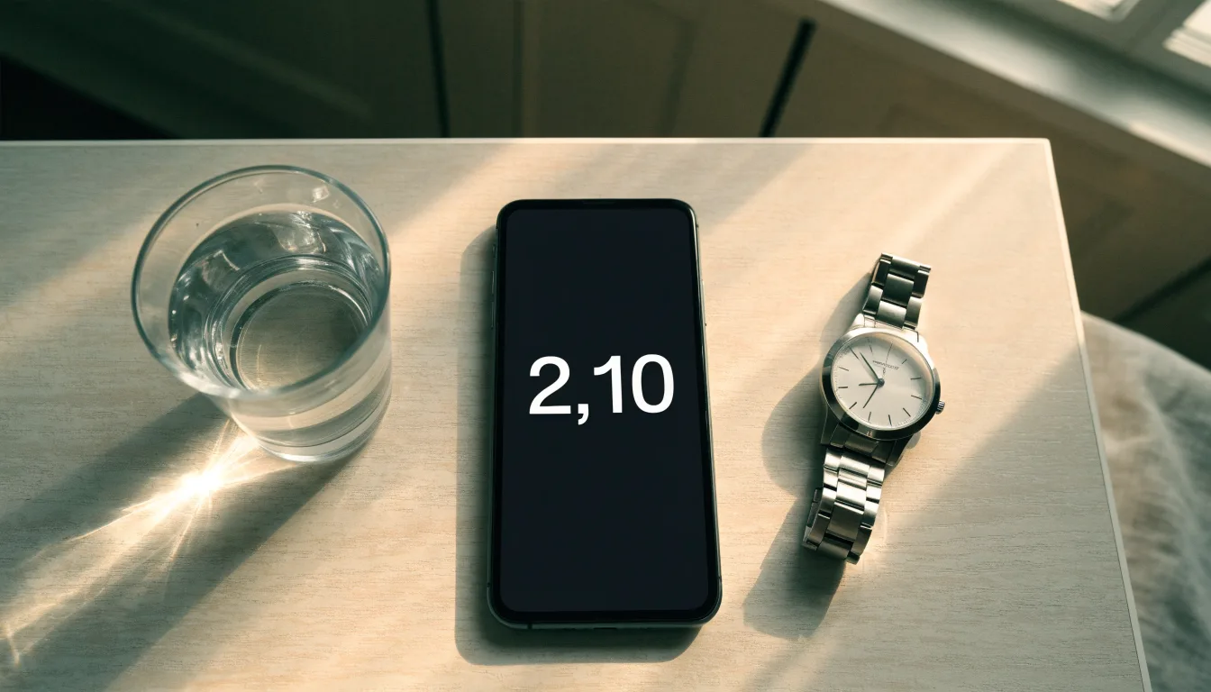 Ein Smartphone liegt mit dem Display nach unten auf einem Küchentisch, daneben stehen ein Glas Wasser und eine Armbanduhr.