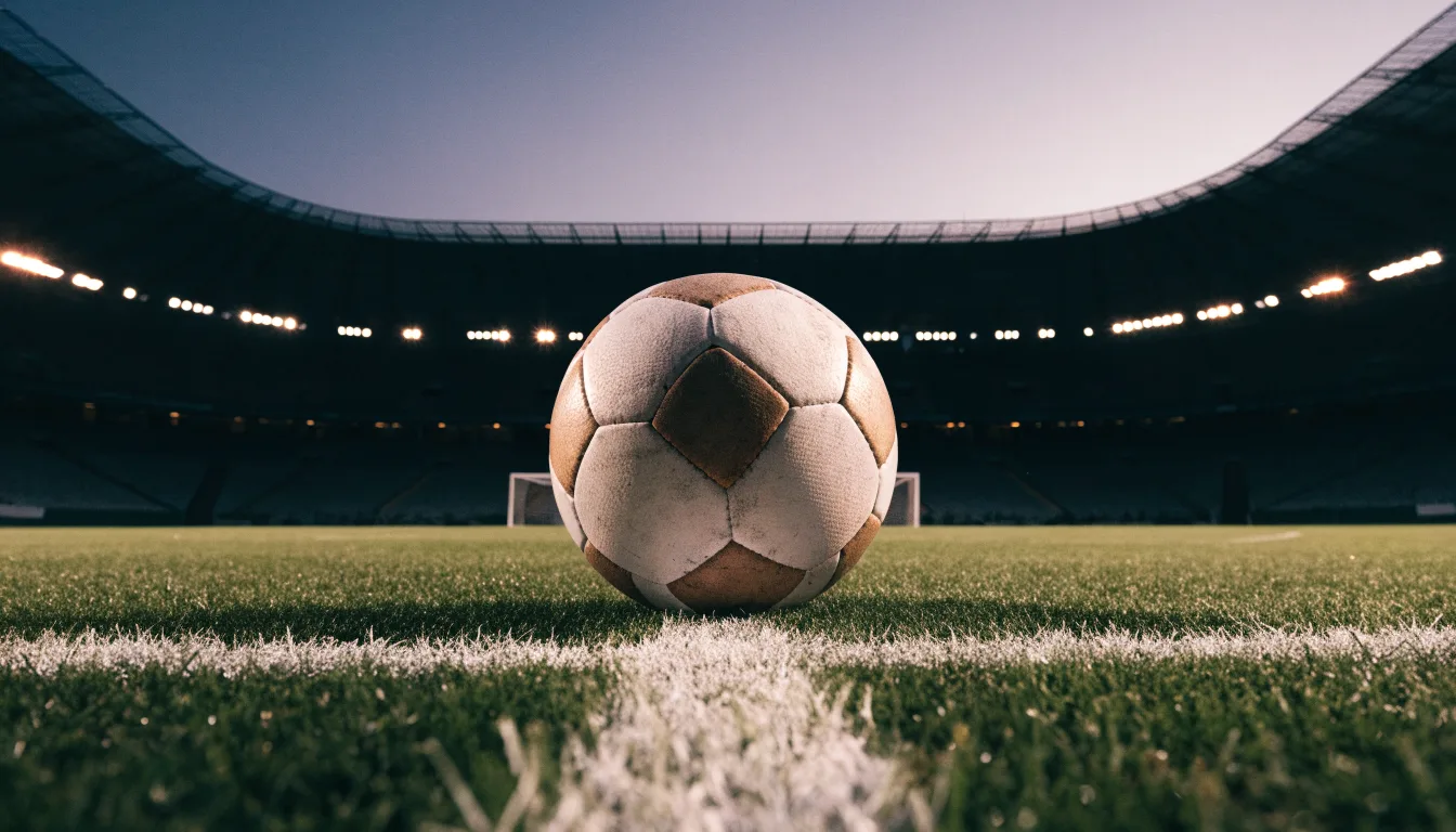 Ein Fußball liegt auf dem Anstoßpunkt eines leeren Rasenplatzes, im Hintergrund steht ein Stadion unter Flutlicht in der Dämmerung.