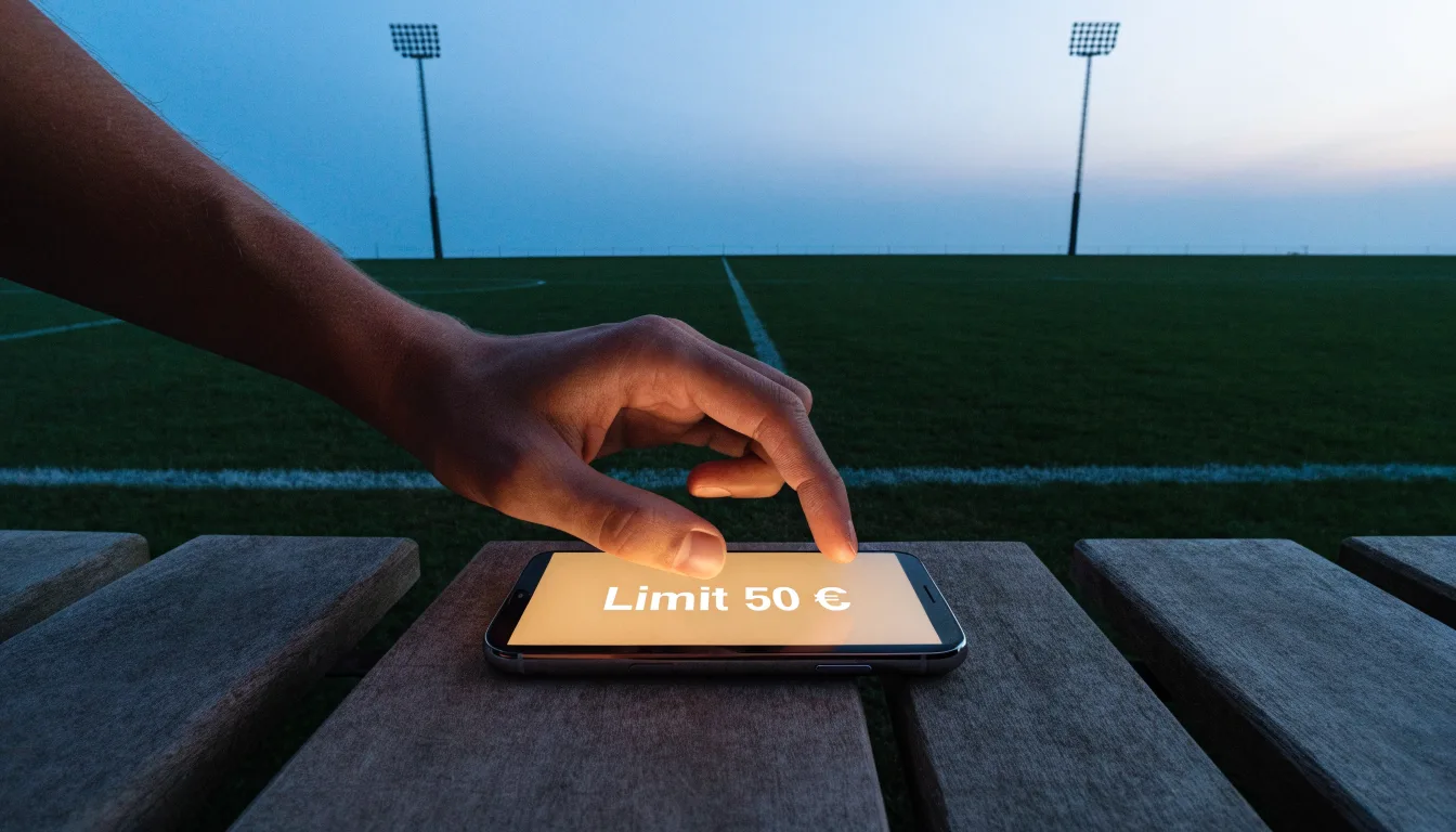 Eine leere Parkbank am Rand eines Fußballfelds in der Abenddämmerung, im Hintergrund ragen dunkle Flutlichtmasten in den Himmel.