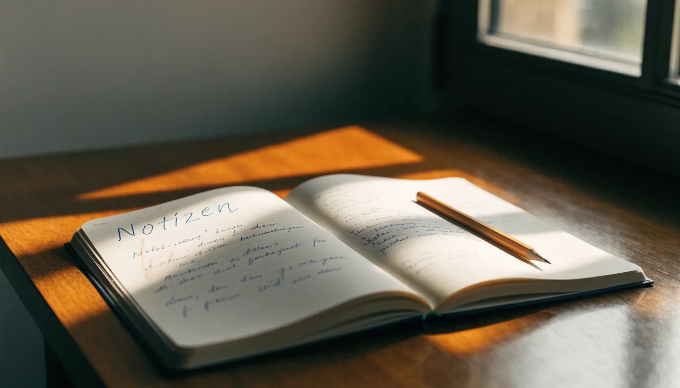Ein Notizbuch mit handschriftlichen Notizen und ein Bleistift liegen auf einem Schreibtisch am Fenster, draußen fällt Morgenlicht herein.