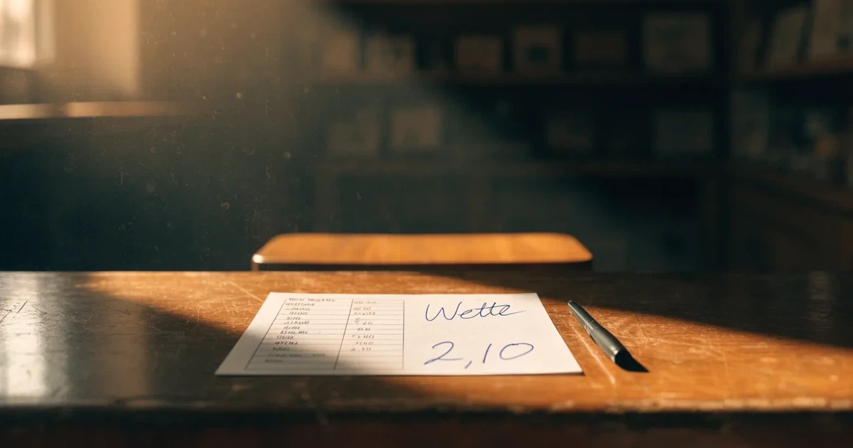 Ein leerer Wettschein aus Papier liegt neben einem Stift auf einer hölzernen Theke, weiches Licht fällt von der Seite ein.