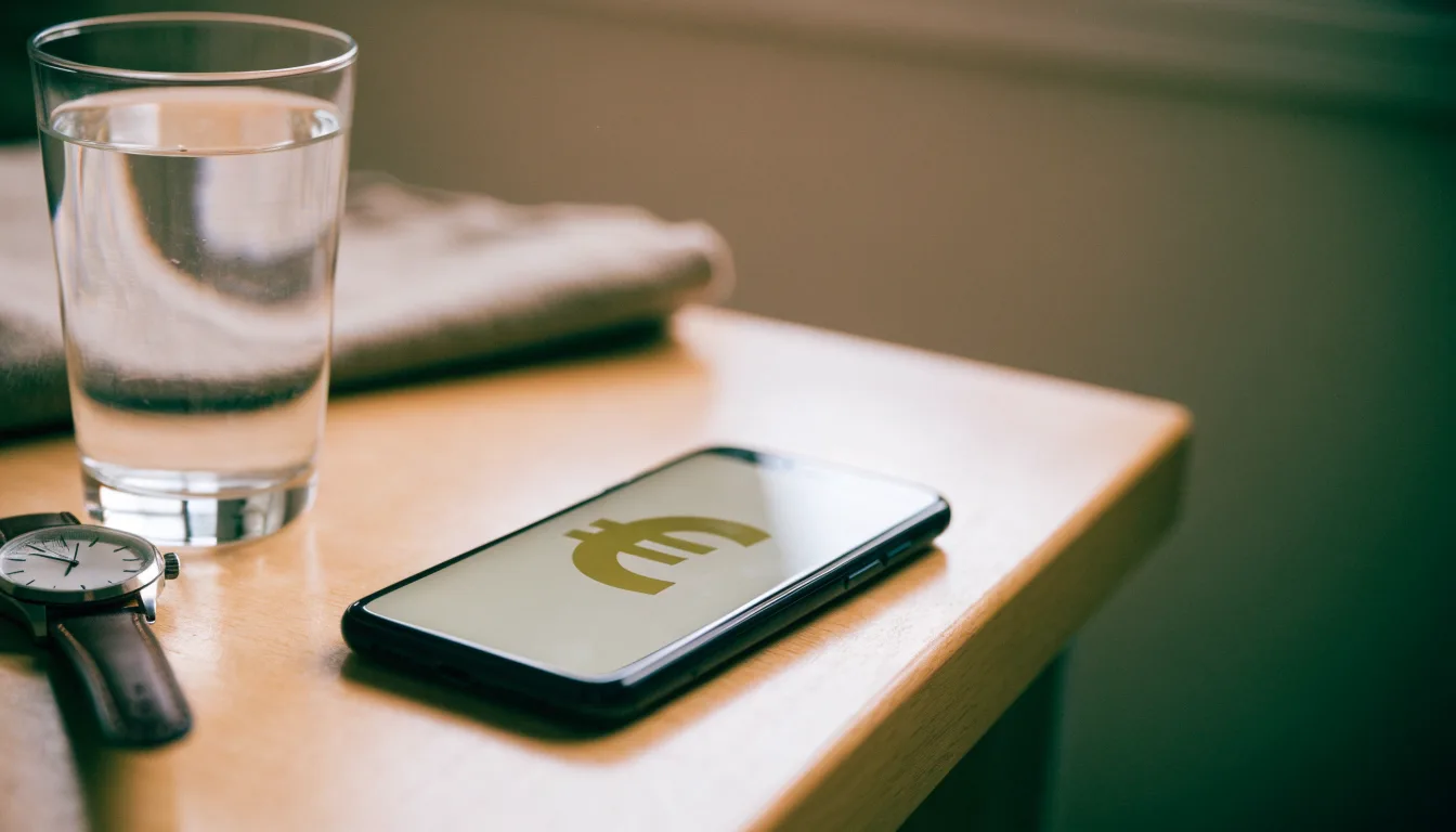 Ein Smartphone liegt mit dem Display nach unten auf einem Küchentisch, daneben stehen ein Glas Wasser und eine Armbanduhr.