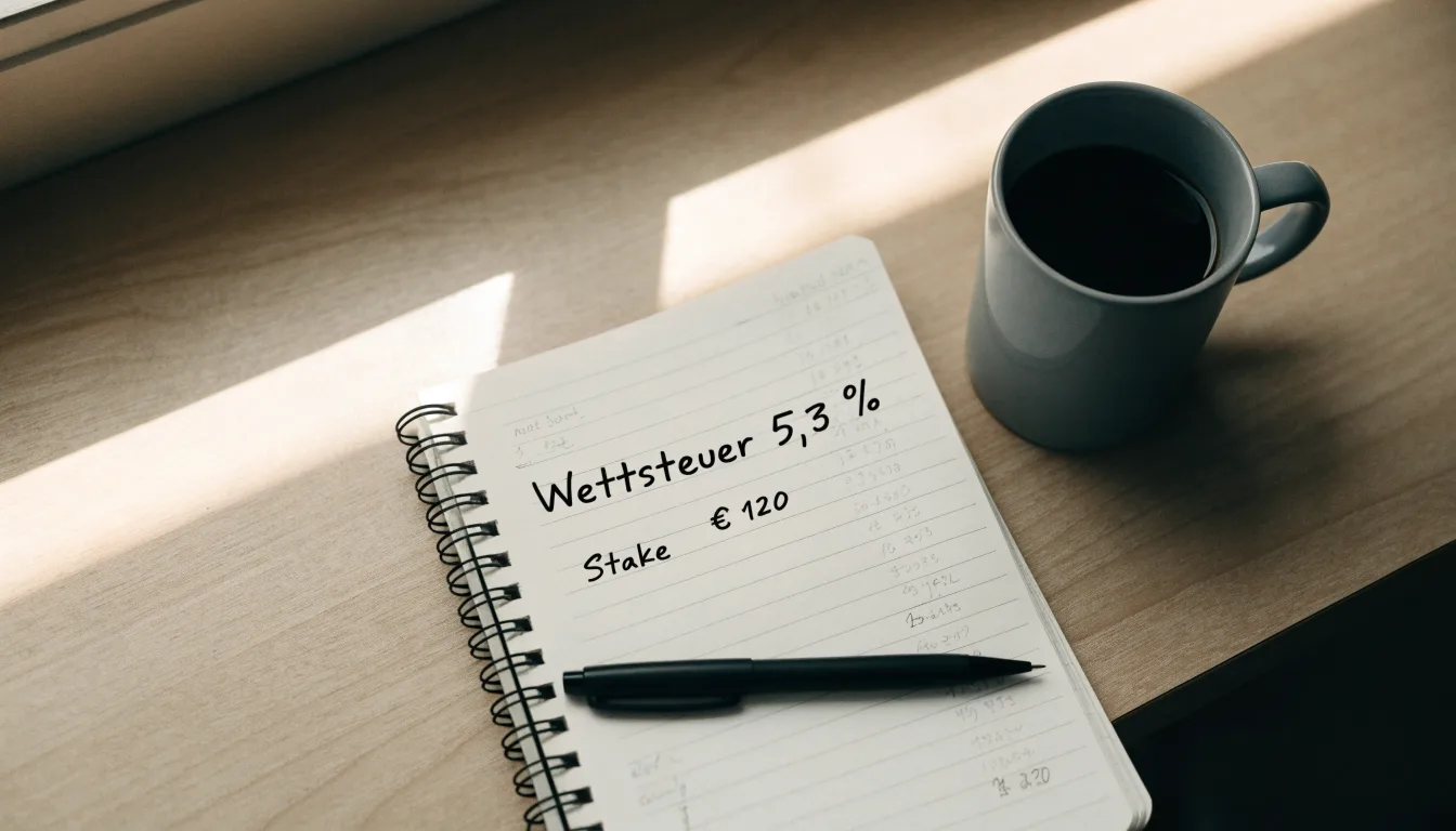 Ein Notizbuch mit handschriftlichen Rechnungen und ein Taschenrechner liegen auf einem Schreibtisch neben einer Tasse Kaffee im Licht des frühen Morgens.