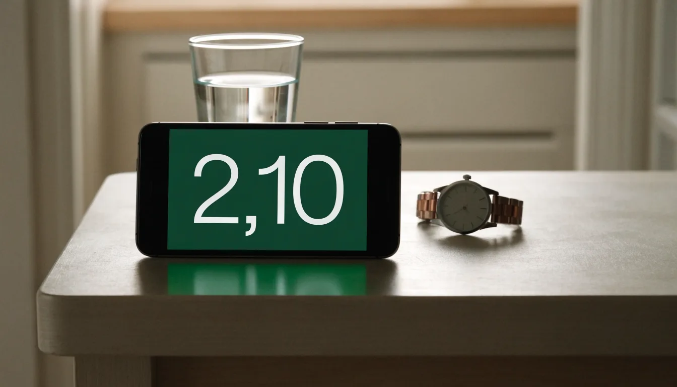 Ein Smartphone liegt mit dem Display nach unten auf einem Küchentisch, daneben stehen ein Glas Wasser und eine Armbanduhr.