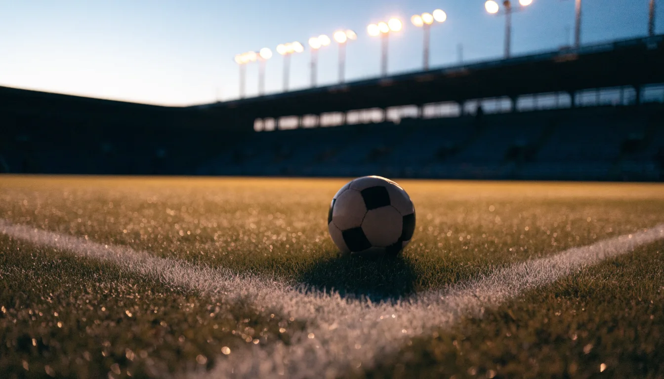 Ein Fußball liegt auf dem Rasen eines leeren Platzes, im Hintergrund ein Stadion unter Flutlicht in der Abenddämmerung.
