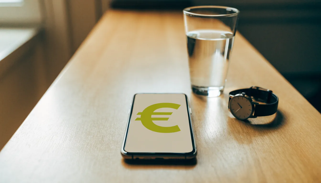 Ein Smartphone liegt mit dem Display nach unten auf einem Küchentisch, daneben stehen ein Glas Wasser und eine Armbanduhr.