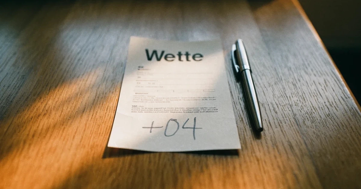 Ein leerer Wettschein aus Papier liegt neben einem Stift auf einer hölzernen Theke, weiches Licht fällt von der Seite ein.