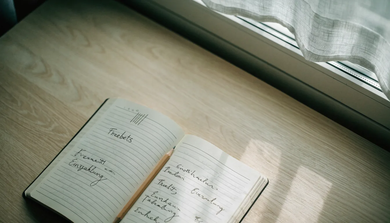 Ein Notizbuch mit handschriftlichen Notizen und ein Bleistift liegen auf einem Schreibtisch am Fenster, draußen fällt Morgenlicht herein.