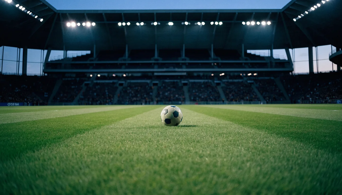Ein Fußball liegt auf dem Anstoßpunkt eines leeren Rasenplatzes, im Hintergrund steht ein Stadion unter Flutlicht in der Dämmerung.