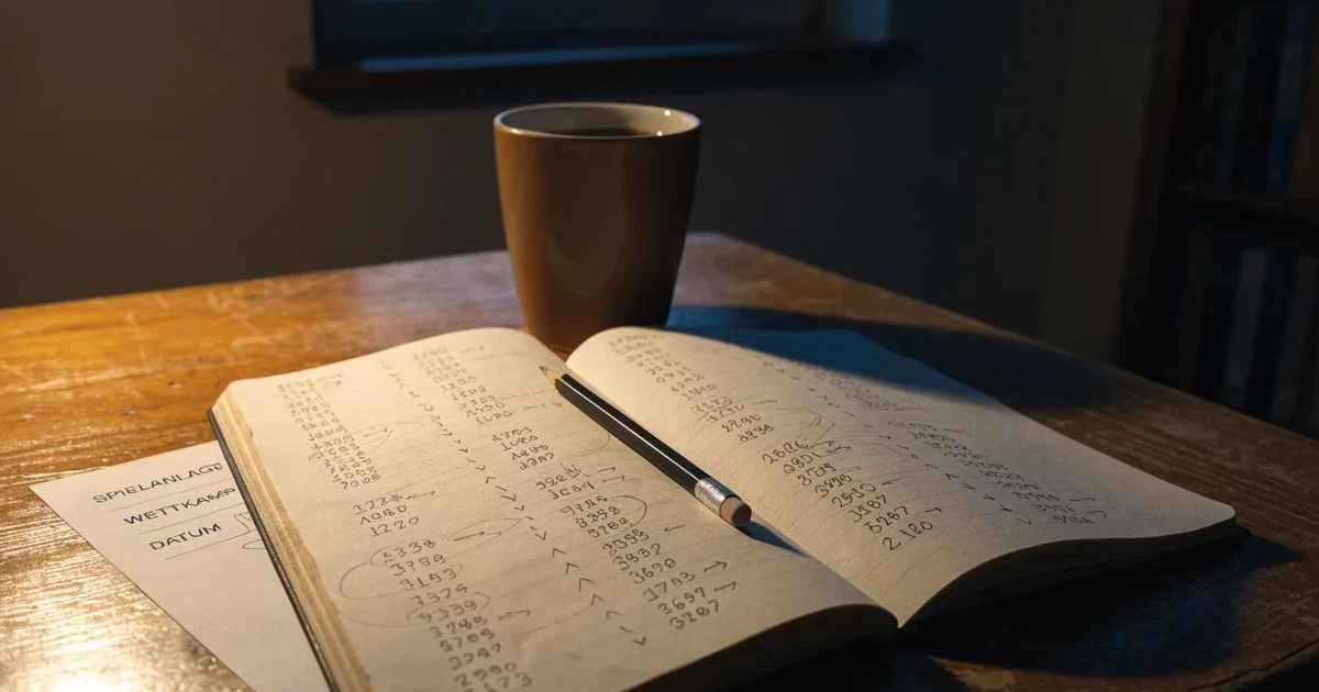 Ein Notizbuch mit handschriftlichen Notizen und Pfeilen liegt aufgeschlagen auf einem Schreibtisch, daneben ein Bleistift und eine Tasse Tee.