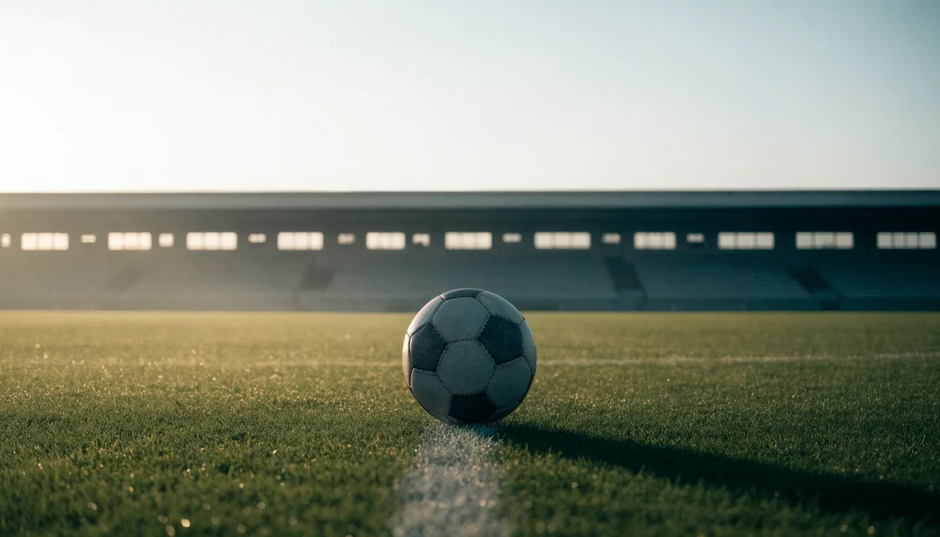 Ein Fußball liegt auf dem Anstoßpunkt eines leeren Rasenplatzes in der Morgendämmerung, im Hintergrund eine leere Tribüne.