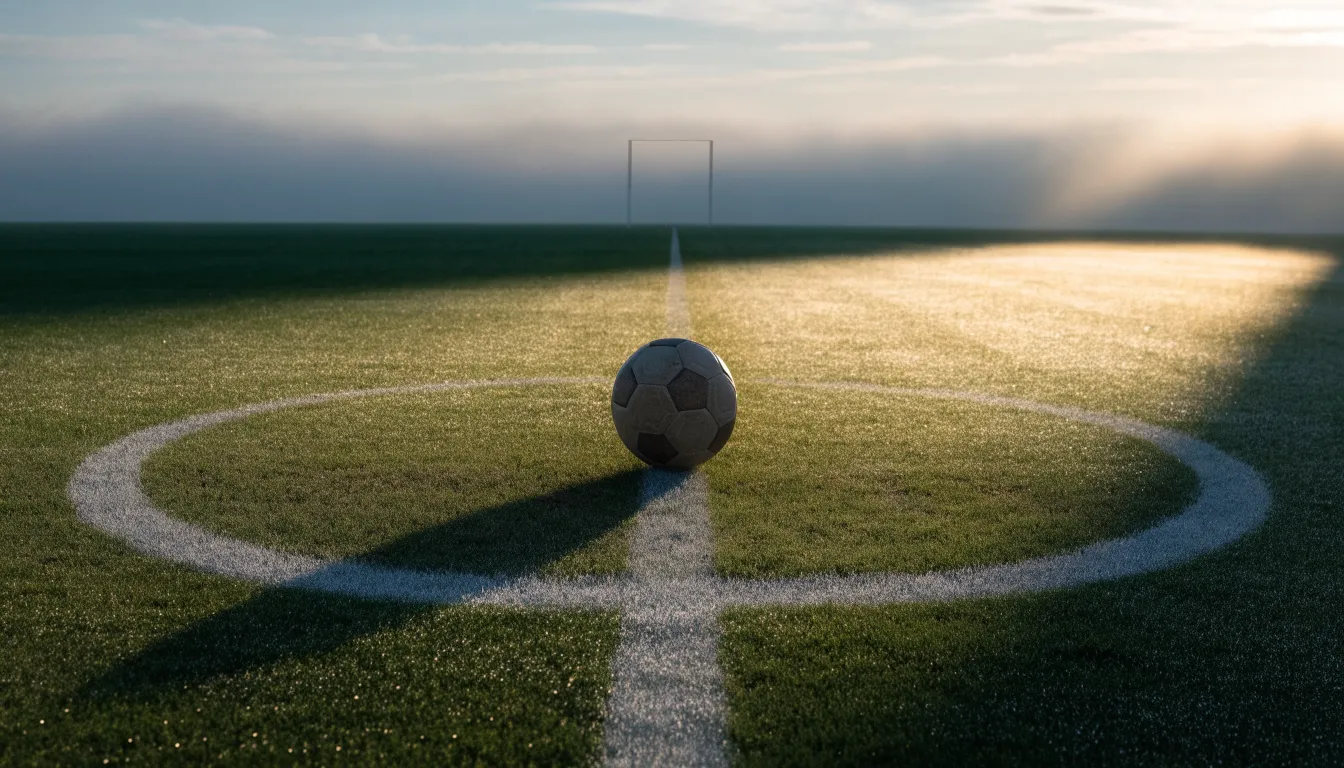 Ein Fußball ruht auf dem Mittelkreis eines leeren Rasenplatzes in der Morgendämmerung, Tau liegt auf dem Gras.