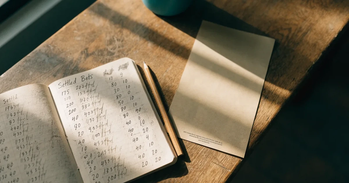 Ein Notizbuch mit handschriftlichen Spalten und Strichlisten liegt neben einem Taschenrechner und einem Bleistift auf einem Schreibtisch.