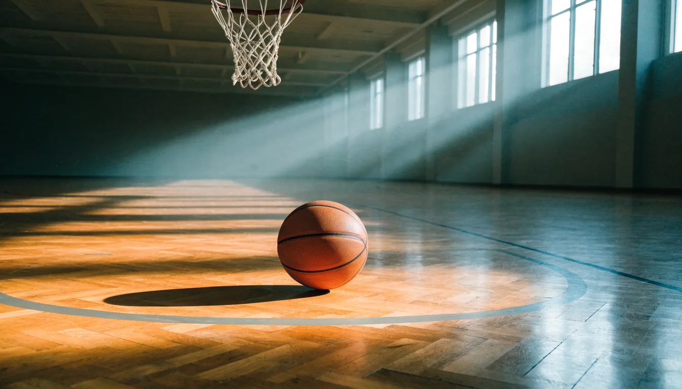 Ein Basketball liegt auf dem Hallenboden unter einem Korb, das Netz hängt ruhig, Morgenlicht fällt durch hohe Fenster.