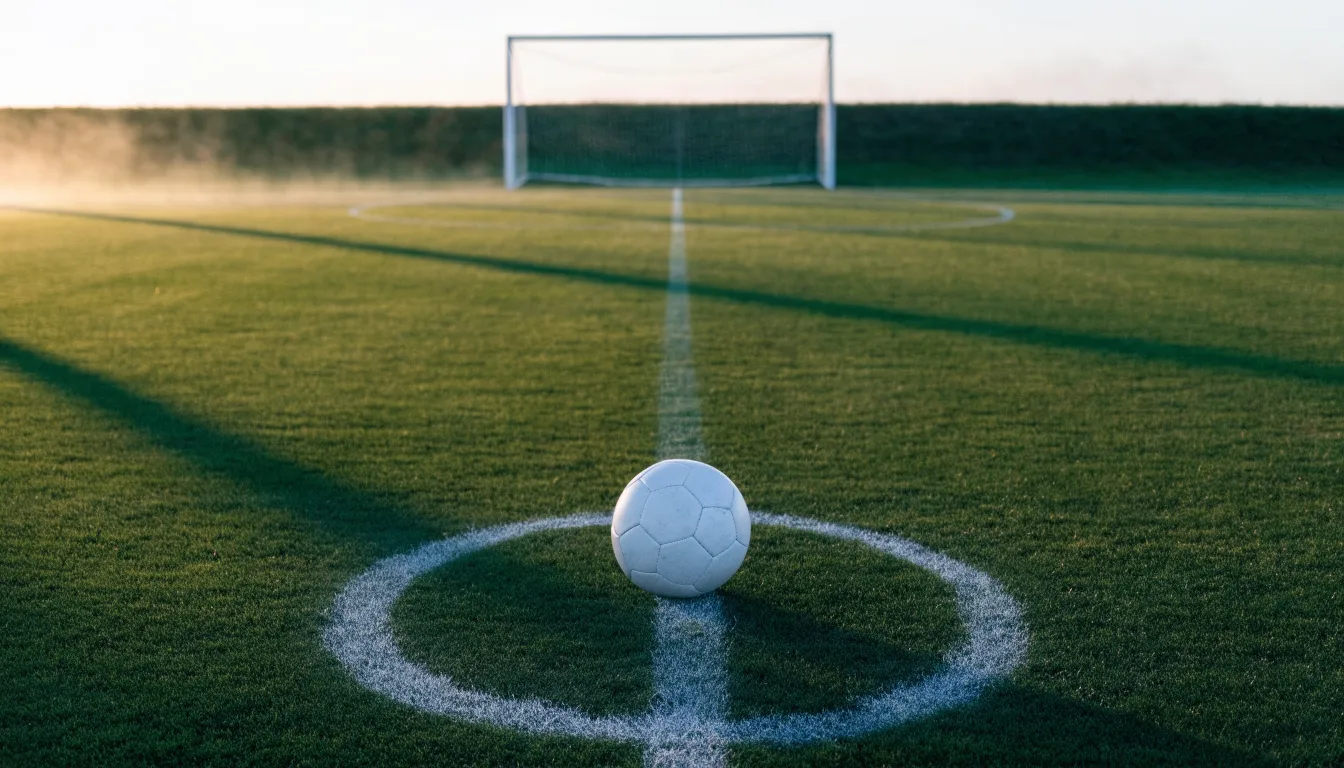 Ein Fußball liegt auf dem Anstoßkreis eines leeren Rasenplatzes im Licht der Morgensonne.