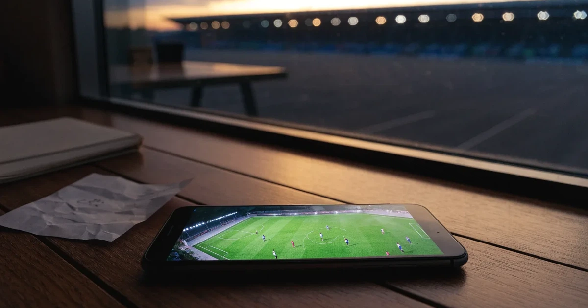 Ein Fußballstadion unter Flutlicht aus großer Entfernung, davor ein dunkler Parkplatz und ein heller Abendhimmel.