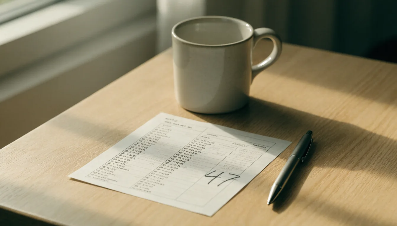 Ein leerer Wettschein aus Papier liegt neben einem Kugelschreiber und einer Tasse auf einem hellen Holztisch.