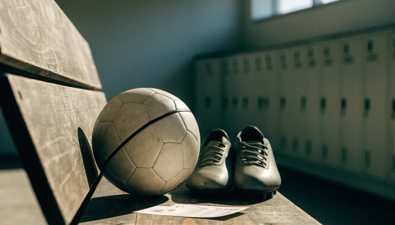 Ein Fußball liegt neben einem Paar Fußballschuhen ohne Markenzeichen auf einer Holzbank in einer leeren Umkleide.