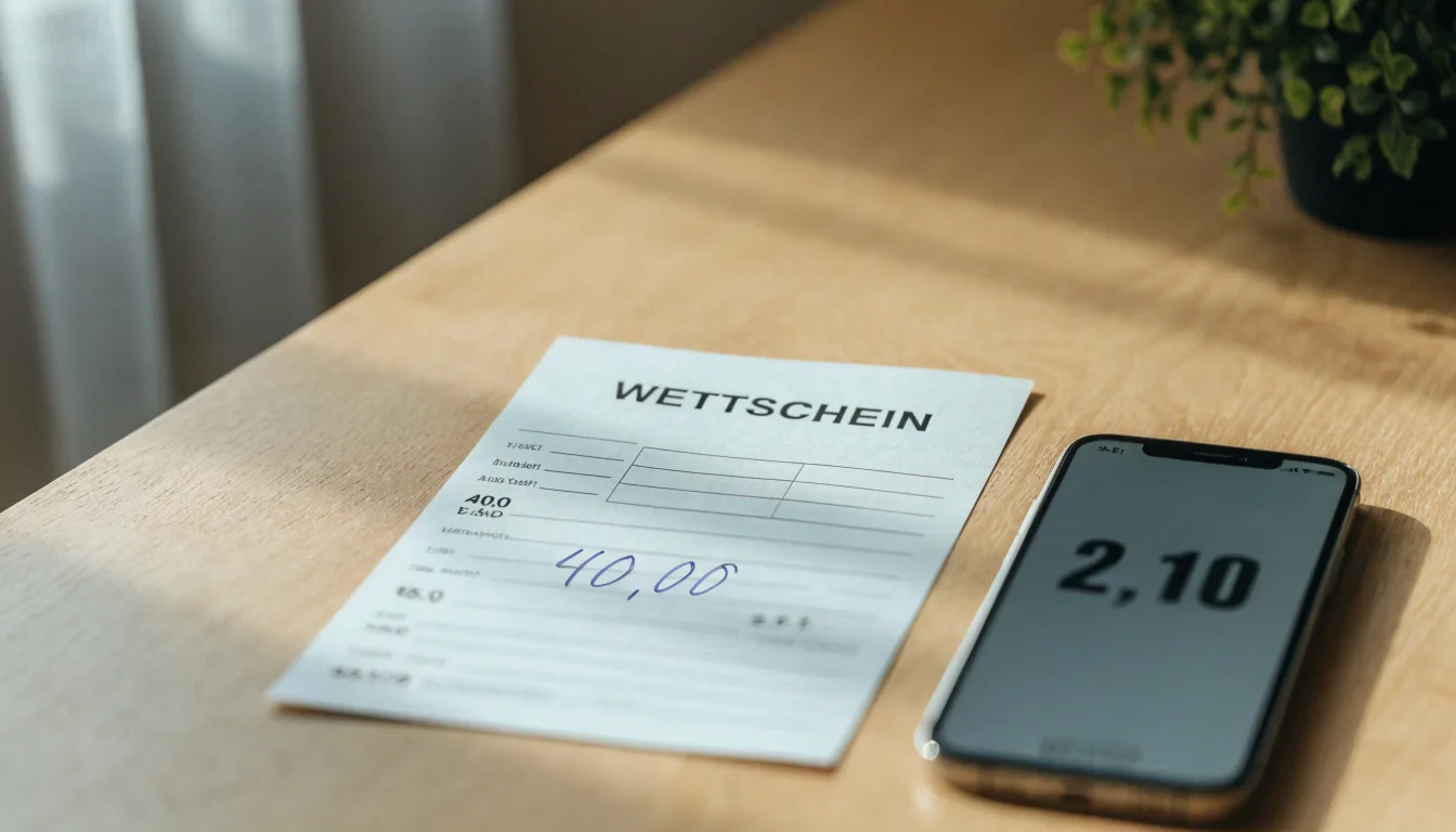 Eine Messingwaage steht auf einem hellen Schreibtisch neben einer Pflanze, Tageslicht fällt durch ein Fenster.