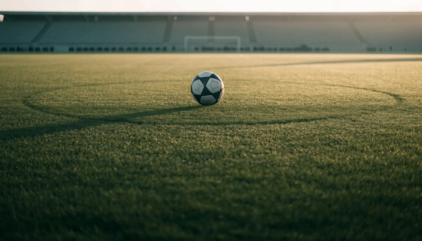 Ein Fußball liegt auf dem Anstoßpunkt eines leeren Rasenplatzes in der Morgendämmerung, im Hintergrund eine leere Tribüne.