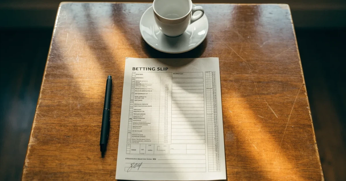 Ein leerer Wettschein aus Papier liegt neben einem Kugelschreiber und einer Tasse Kaffee auf einem Tisch, Aufnahme von oben.