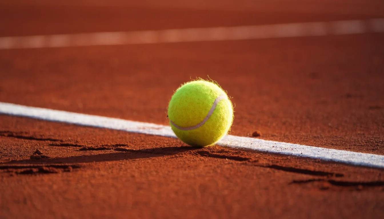 Ein einzelner Tennisball liegt auf rotem Sand neben einer weißen Linie, geringe Schärfentiefe.