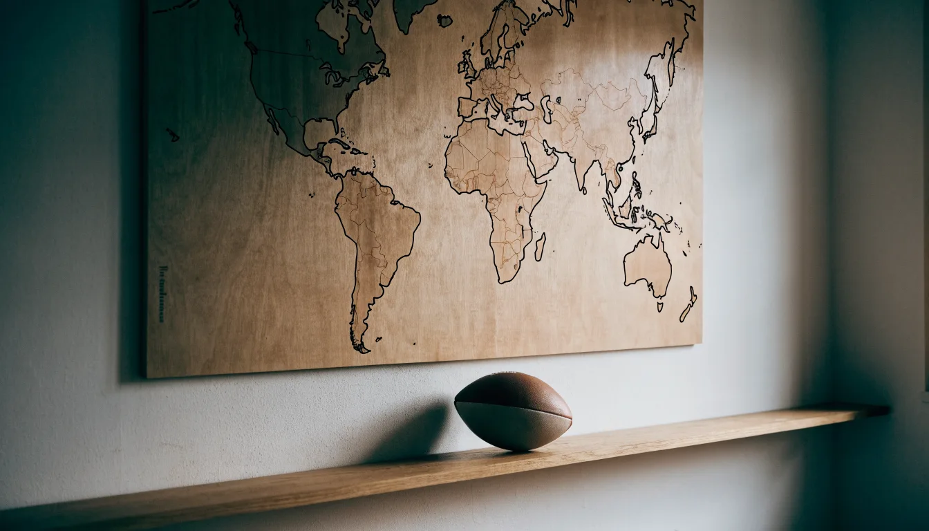 Eine Weltkarte aus Holz hängt an einer Wand, davor liegt ein Fußball auf einem Regal, ohne erkennbare Beschriftung.