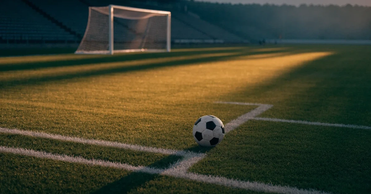 Ein Fußballplatz mit frisch gemähtem Rasen im Abendlicht, ein Ball liegt im Strafraum, im Hintergrund unscharf eine leere Tribüne.
