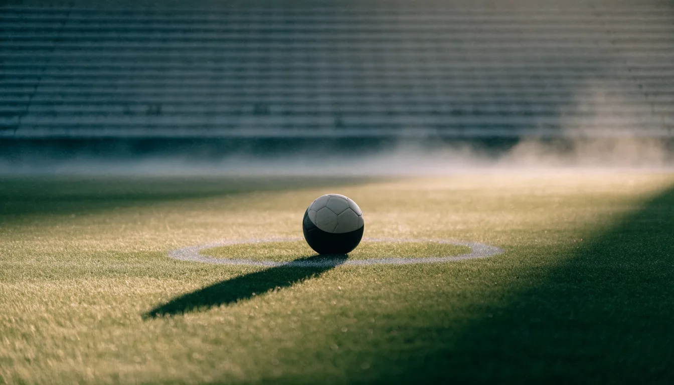 Ein Fußball liegt auf dem Anstoßpunkt eines leeren Rasenplatzes im frühen Morgenlicht, dahinter eine leere Tribüne.
