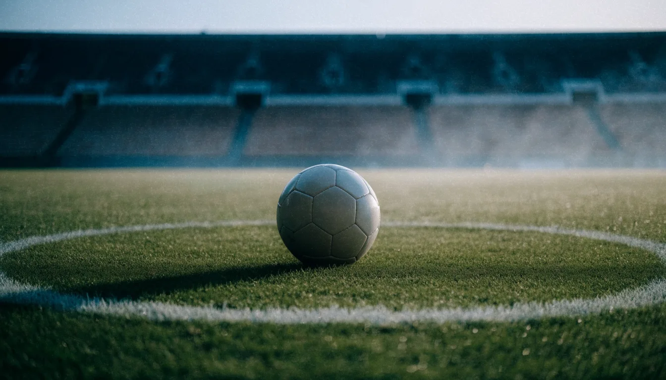 Ein Fußball liegt auf dem Anstoßpunkt eines leeren Rasenplatzes im frühen Morgenlicht, dahinter eine leere Tribüne.
