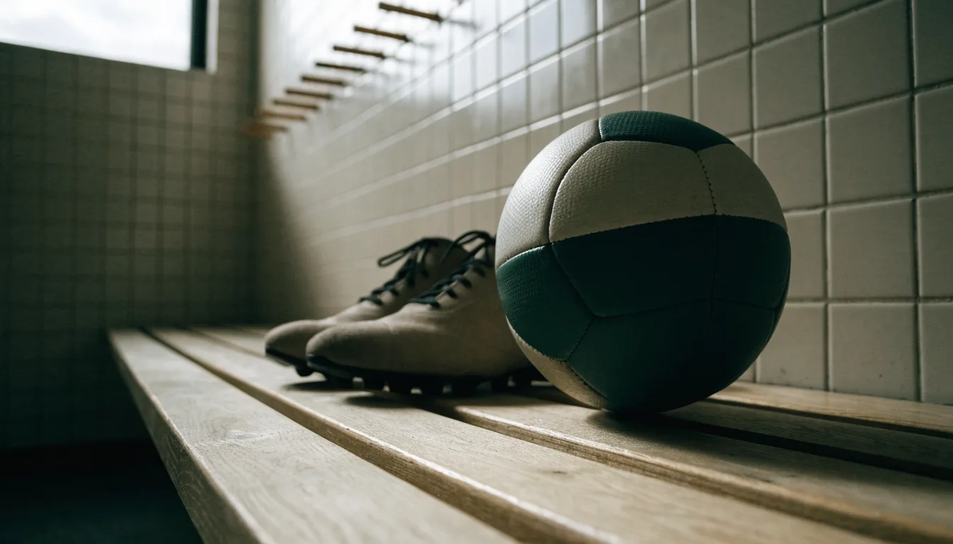 Ein Fußball liegt auf einer Holzbank in einer leeren Umkleide neben einem Paar Fußballschuhen ohne Markenzeichen.