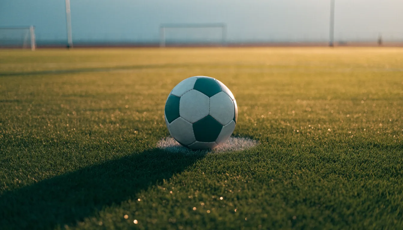 Ein Fußball ruht auf dem Mittelkreis eines leeren Rasenplatzes in der Morgendämmerung, Tau liegt auf dem Gras.