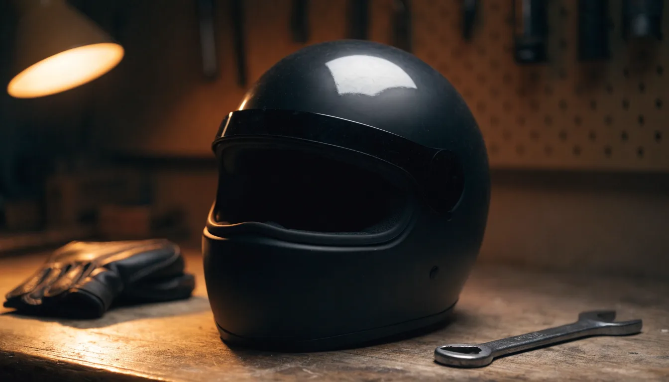 Ein schwarzer Motorradhelm ohne Aufdruck liegt auf einer Werkbank neben einem Schraubenschlüssel, warmes Licht einer Werkstatt.