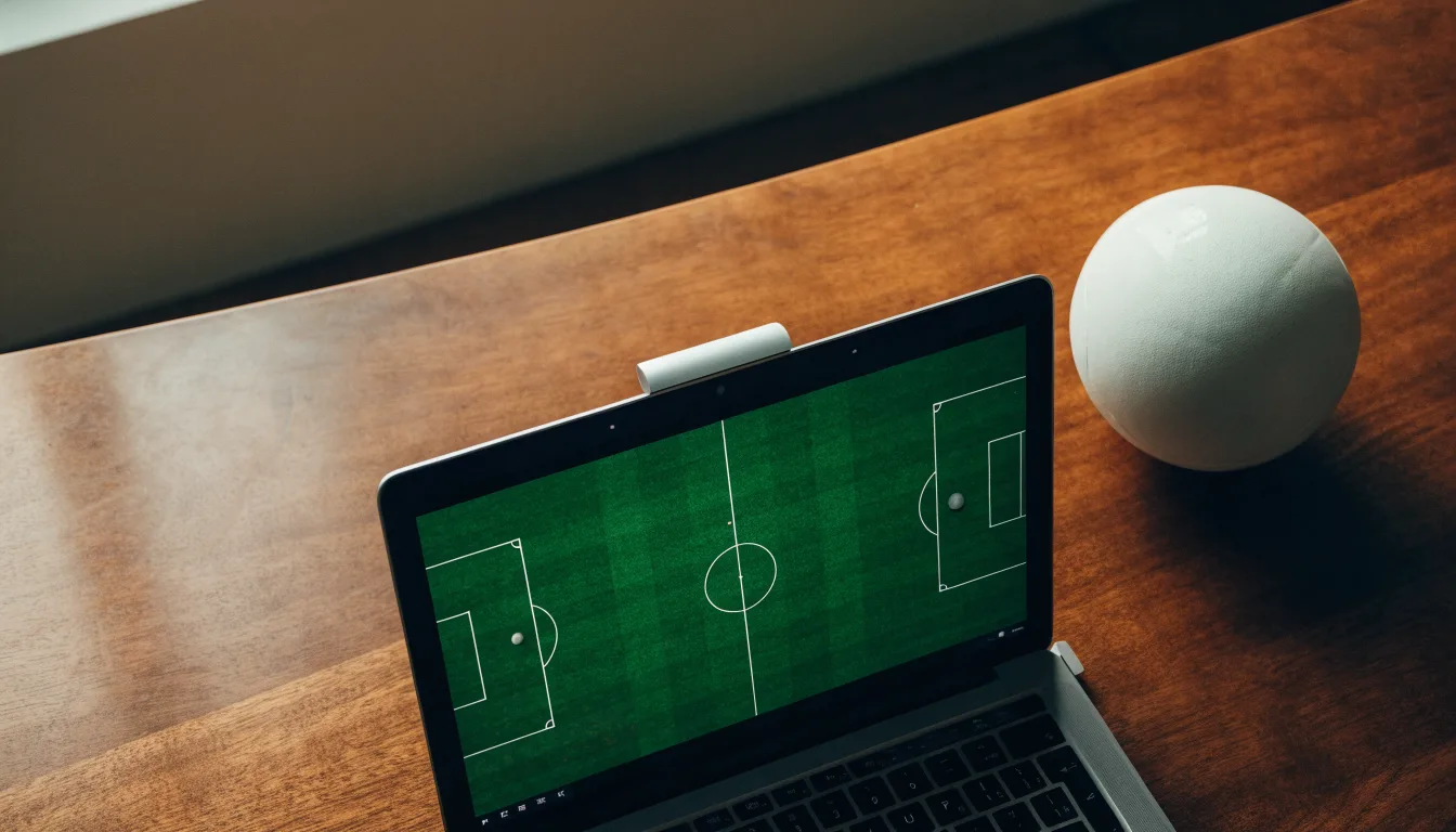 Eine Weltkarte aus Holz hängt an einer Wand, davor liegt ein Fußball auf einem Regal, ohne erkennbare Beschriftung.