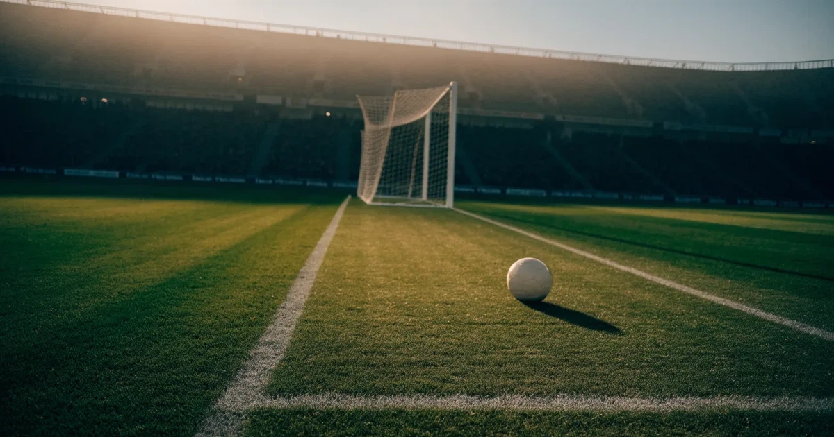 Ein Fußballplatz mit frisch gemähtem Rasen im Abendlicht, ein Ball liegt im Strafraum, im Hintergrund unscharf eine leere Tribüne.