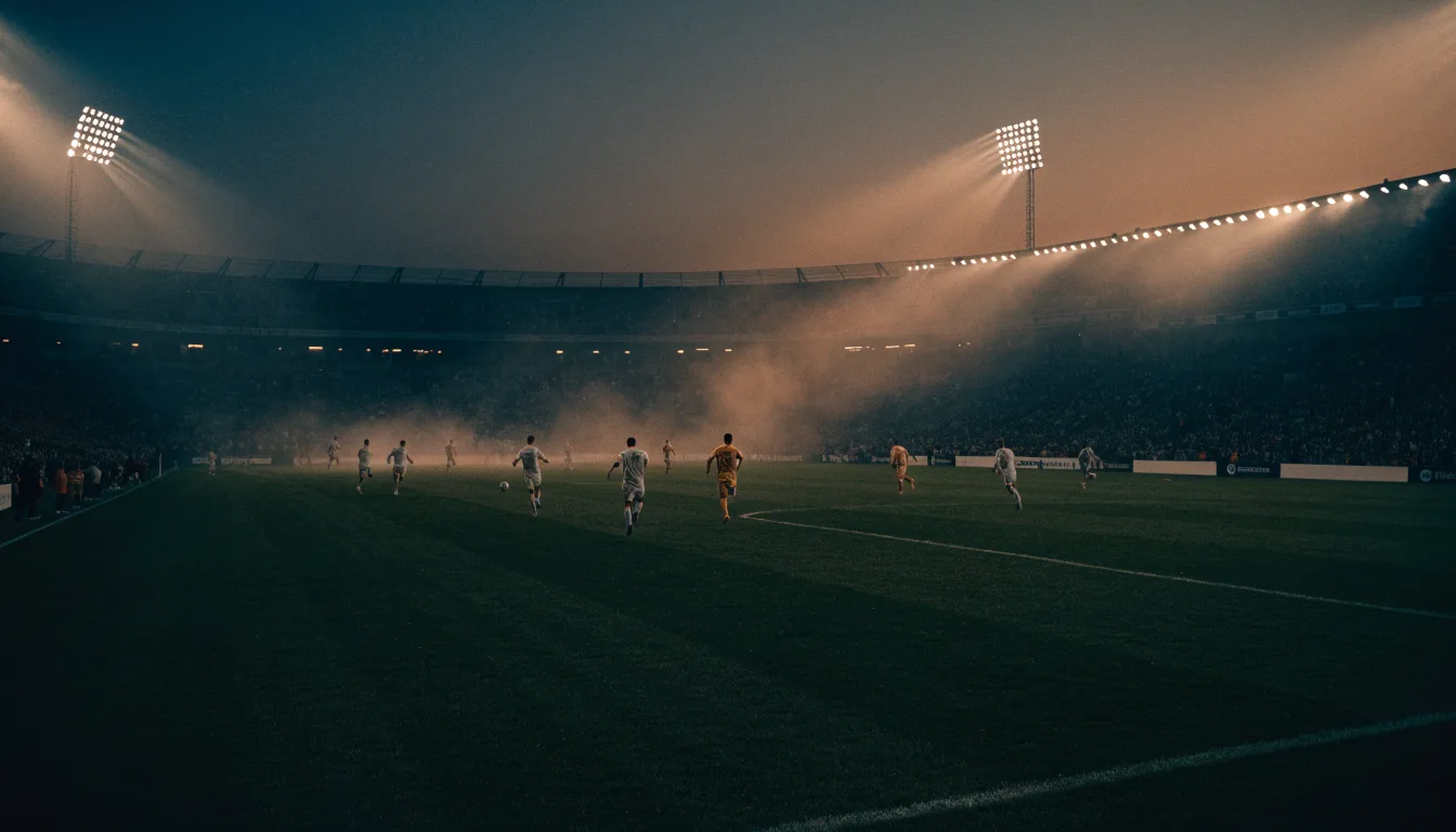 Ein großes Stadion unter Flutlicht, aus der Ferne über eine dunkle Wiese gesehen, die Lichtmasten spiegeln sich im Dunst der Abenddämmerung.