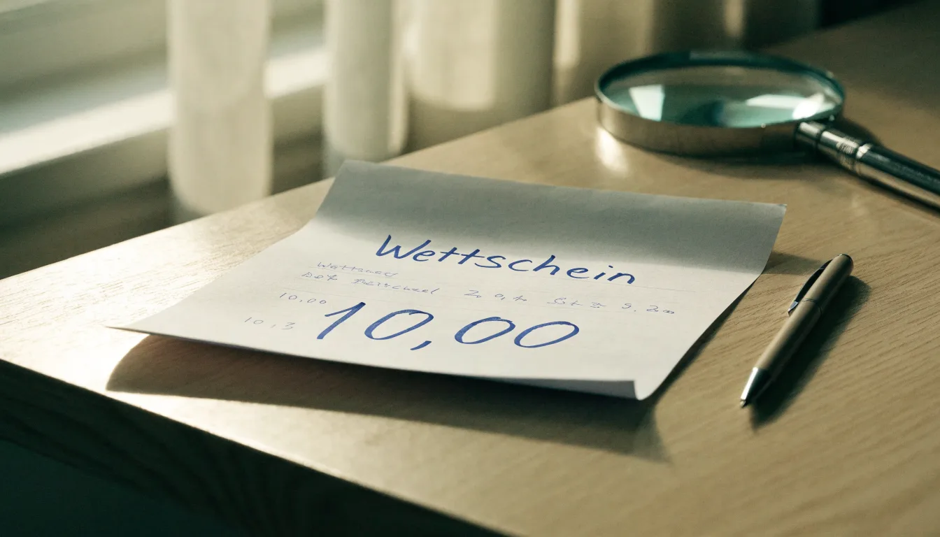 Ein leerer Papierwettschein und ein Kugelschreiber liegen auf einem aufgeräumten Schreibtisch neben einer Lupe, weiches Licht von einem Fenster.