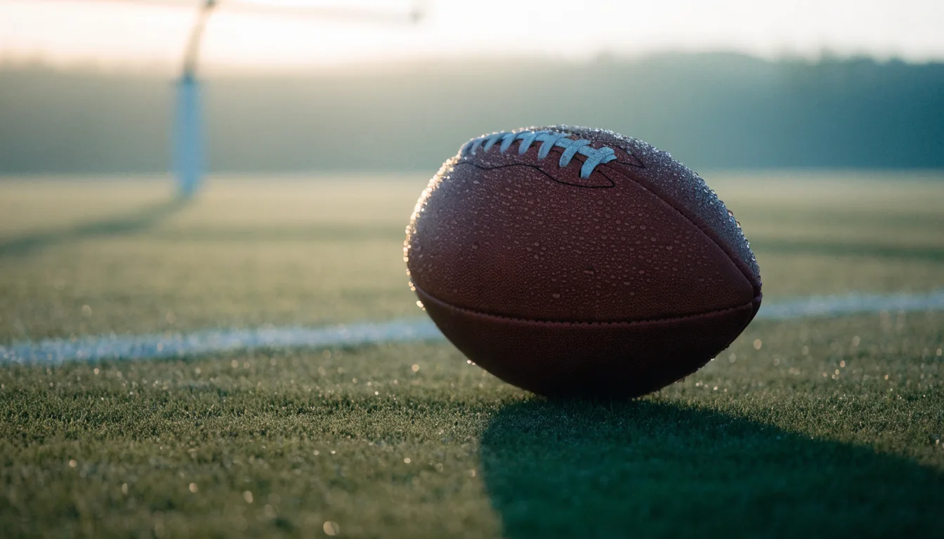 Ein ovaler Lederball mit heller Schnürung liegt auf dem Rasen vor der Endzone, Tau auf dem Gras im ersten Morgenlicht.