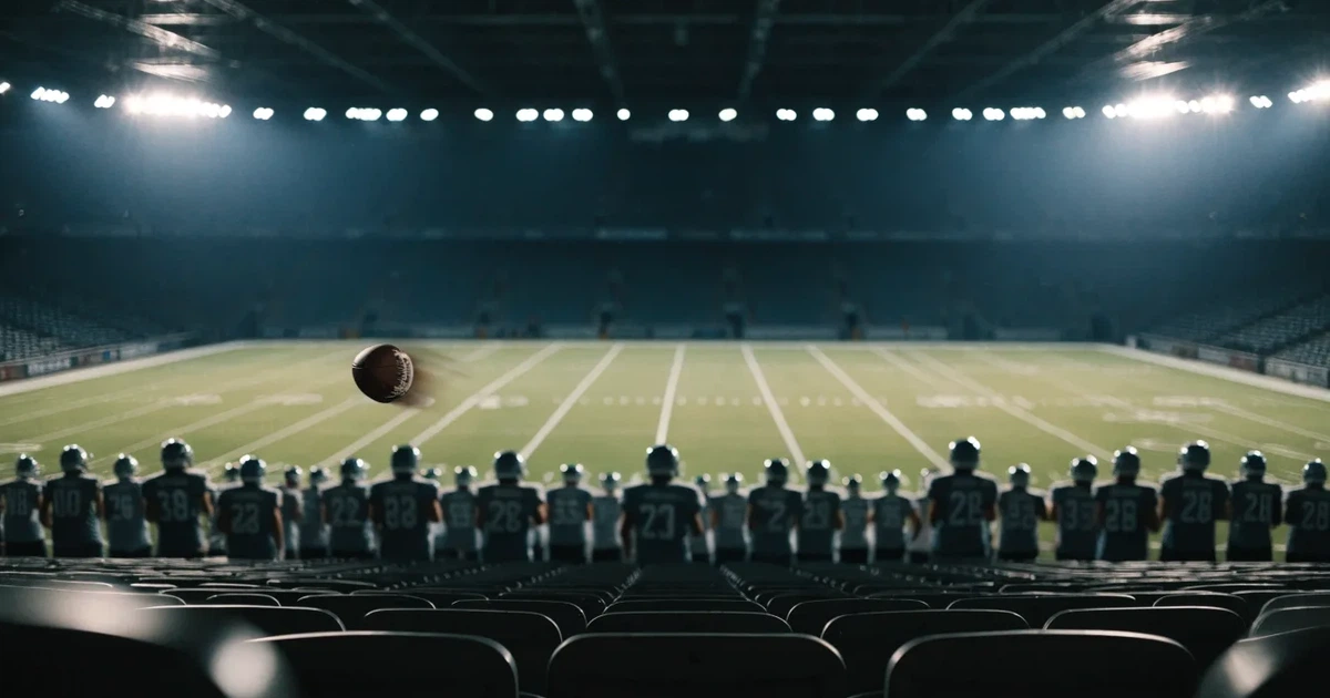 Ein American-Football-Feld mit weißen Yardlinien im Flutlicht, von einer hohen Tribüne aus gesehen, die Ränge leer, Zahlen nicht erkennbar.