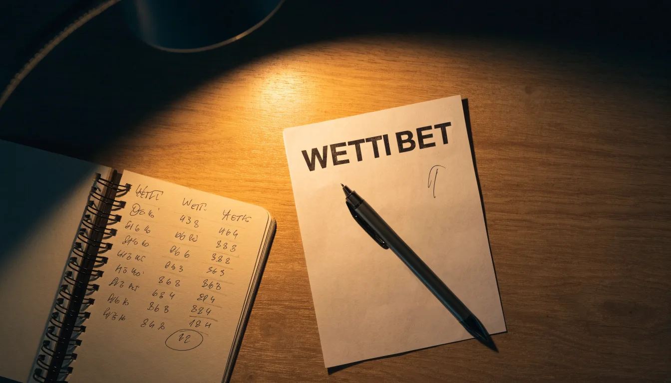 Ein leerer Papierwettschein, ein Kugelschreiber und ein Taschenrechner liegen auf einem Holztisch, warmes Licht einer Schreibtischlampe.