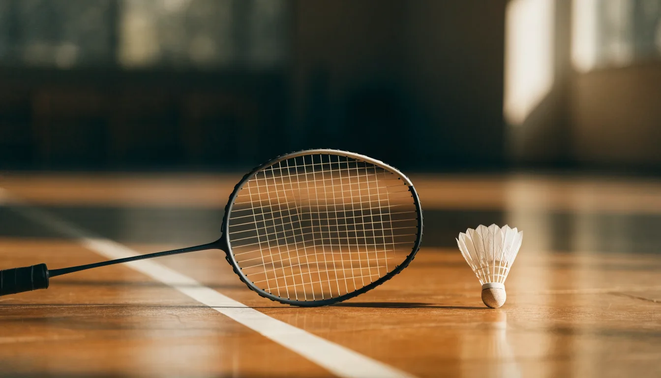 Zwei Badmintonschläger und ein Federball liegen auf einem Holzboden neben der Seitenlinie, weiches Licht fällt von der Seite ein.
