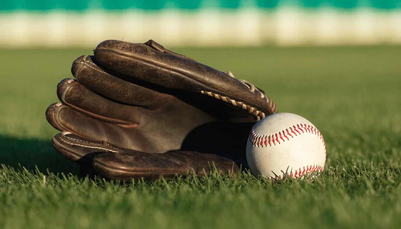 Ein weißer Baseball und ein Lederhandschuh liegen auf kurz geschnittenem Gras, im Hintergrund eine verschwommene Spielfeldbande.